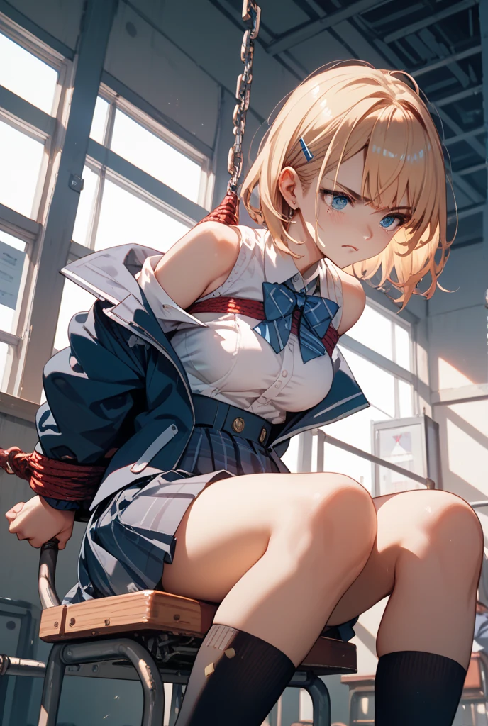toga tied to a chair in a basement, blonde hair, restraint, bdsm, restrained legs, restrained arms, bound, bound to chair, rope, tied with ropes, sailor clothes, black skirt, medium breasts, Himiko Toga, smile, beautiful body, beautiful face, ultra detailed, highest quality, loose clothes, tied to chair with ropes, restrained body, unable to move, bondage ropes, white shirt, sailor clothes, pervert, white panties, tied up, machine bondage, fully restrained body, ropes everywhere, strictly tied, hardcore bondage ropes, machine bondage, milking breasts, milk dripping everywhere, milking machine