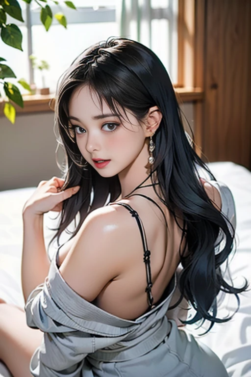 ((Best image quality、Highest quality、Highest Resolution、Ultra-realistic photos、))、There is a lot of black hair on the bed、Super long hair of about 3 meters、Super Super Long Haircut、Lying on her back in bed, sleeping in bed, looking a little sleepy, with her hair spread out in a sexy pose.