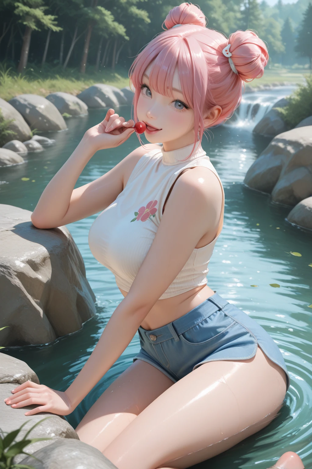 very white girl , Long Bright Red Straight Hair Tied Ponytail, Smiling hazel eyes,, , Small Tits, Short Transparent Inner Shirt Light Blue Without Chest Campaigns, A very beautiful face, real, Pubic hair shaved, Feet wide open, Open slot, Wet pink, Without my drink, in the garden of trees of the river mountains of birds