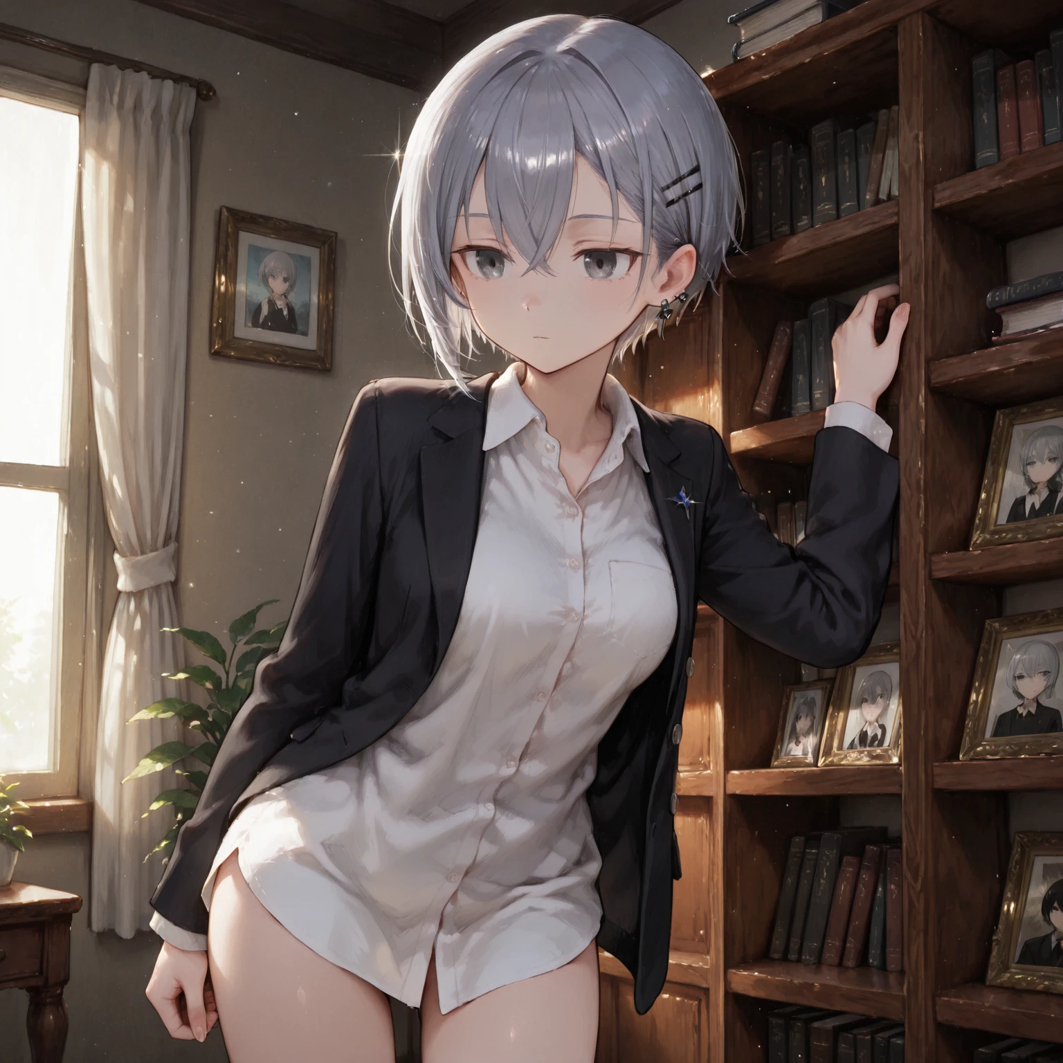 showing female genitals, 16 years old, Have white hair.............., Short Hair Hair, big round glasses, Brown eyes, Wear a white shirt and tie......... naked underneath..,