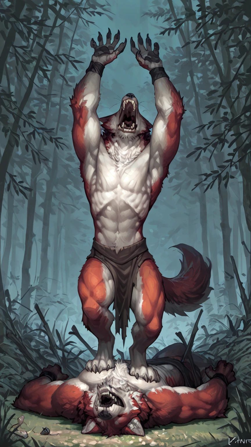 ultra-detailed, masterpiece, masterwork, high quality, best quality, hdr, (nature, forest), nsfw, male, solo, werewolf, (nude,), (white little body werewolf), (white body), (long silver hair), detailed yellow eyes, standing, dynamic angle, sweat, (canine penis, perfect balls), masturbation, cum, excessive cum, pojecile cum