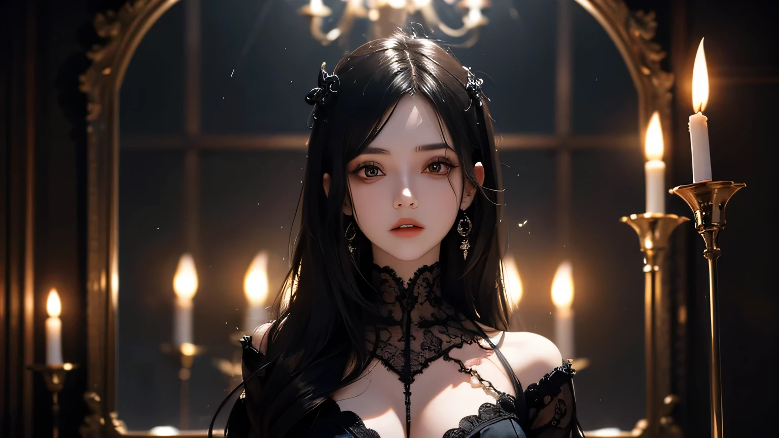 
(Masterpiece), best quality, highest quality, highly detailed CG unity 8k wallpaper, original, high resolution, (depth of field: 1.5), fidelity: 1.3, breasts, portrait style, 1 girl, altar background, black dress, solo, earrings, black_hair, face the front 