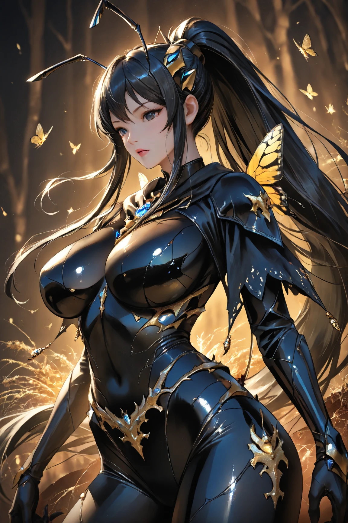 intricate detailes, White background, Transparent body, Visible veins, wires, Highly detailed, Head, Upper body, Breathtaking, young Korean girl with golden eyes and yellow sandy lush hair, tanned dark bronze skin, huge chest, dressed in a black leather jacket with rolled up sleeves, a transparent unbuttoned shirt, large nipples sticking out under the fabric, a wide leather belt with gold yarn, leather shorts through which they stand out outline of a pussy, walking through the forest, trees with blue foliage and white flowers,