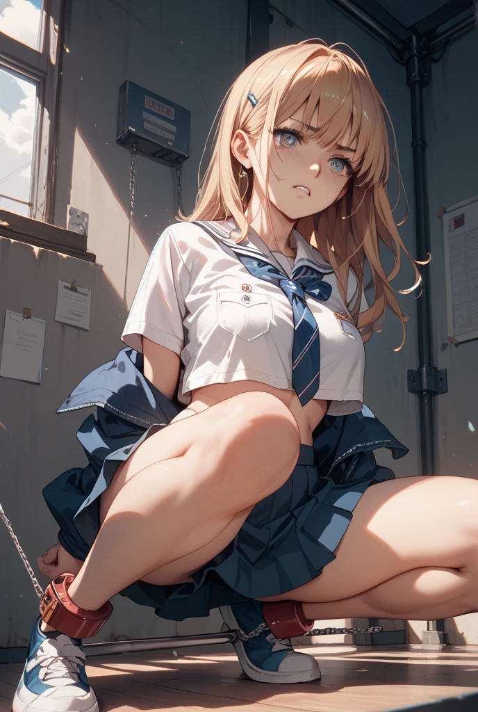 (((night,真night中))),((Dark atmosphere)),((Perfect Anatomy:1.2,Realistic:1.3,Raw photo:1.3,masterpiece、highest quality、Ultra - High resolution、High resolution、Extremely detailed CG、8k)),((attractive way to sit)),((((Crouching pose)))),1 female,alone,18-year-old、High school girl beautiful girl,Japanese,((Beautiful and exquisite face and eyes:1.2,Big beautiful eyes:1.0,)),(Brighten your eyes),((Beautiful woman))、Blonde,Long Hair,(Center parted hair:1.4,amount),Medium chest,((slim body)),Small Head:1.3,skinny,(Brown Skin:1.6),((Sunburn mark:1.4)),(Oily skin,Glowing Skin,Shiny skin,Sweat:1.2),(school uniform、Dark blue blazer jacket、Checkered pleated mini skirt),(prostitution),((show off bra:1.2)),Dirty back alley、Tokyo、((Turn your body forward)),(lonely),((Feeling melancholy))、Stick out your crotch、(Apathy)，(Lucky)、((Expressionless))