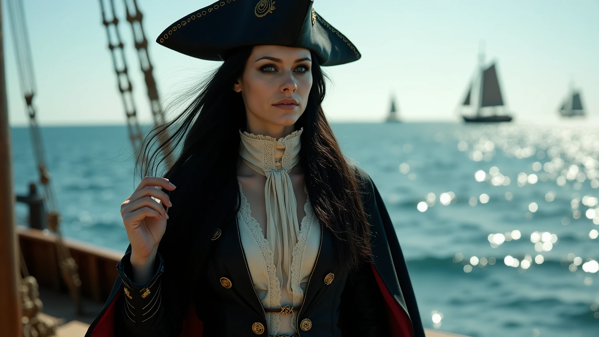 A highly-detailed ultra HD cinematic scene of a beautiful woman standing on the deck of a classic wooden sailboat in the middle of the ocean, surrounded by other distant pirate of Caribbean-style sailboats under a blue sky. The woman has long flowing black hair and mesmerizing large blue eyes that sparkle with emotion—her expression is warm, radiant, caught perfectly between happiness and being deeply in love. She wears an elegant yet rugged ensemble inspired by Victorian-era nautical garb fused with elements of Van Helsing’s monster hunter costume. Her outfit includes a high-collared black cloak made from aged fabric, fluttering slightly in the sea breeze, lined with faint crimson detailing. Beneath it, she wears a deep-cut black jacket with fitted tailoring, adorned with delicate swirling gothic patterns and subtle metallic gold accents along the seams and buttons. Underneath the jacket is an ancient-looking, flowing off-white blouse with a tall white collar and intricate lace trim,deep cut revealing a bit of her breasts, giving it a timeless, slightly haunted elegance. On her head sits a dark antique leather tricorn pirate hat decorated with a single black feather and fine embroidered symbols along the brim. Her lower body is clad in tight-fitting black trousers tucked into knee-high weathered leather boots that look both stylish and battle-worn. She holds herself confidently, one hand resting on the hilt of a concealed weapon at her belt, the other gently brushing a loose strand of hair away as she gazes out toward the horizon. The lighting is soft but dramatic, casting gentle shadows and highlights across the textures of the clothing, wood, and waves. The ocean sparkles subtly beneath the late morning sun, and the atmosphere is rich with mystery, romance, and adventure. -- Cinematic lighting, ultra HD, 8K resolution, film grain, atmospheric perspective, steampunk meets gothic fantasy style