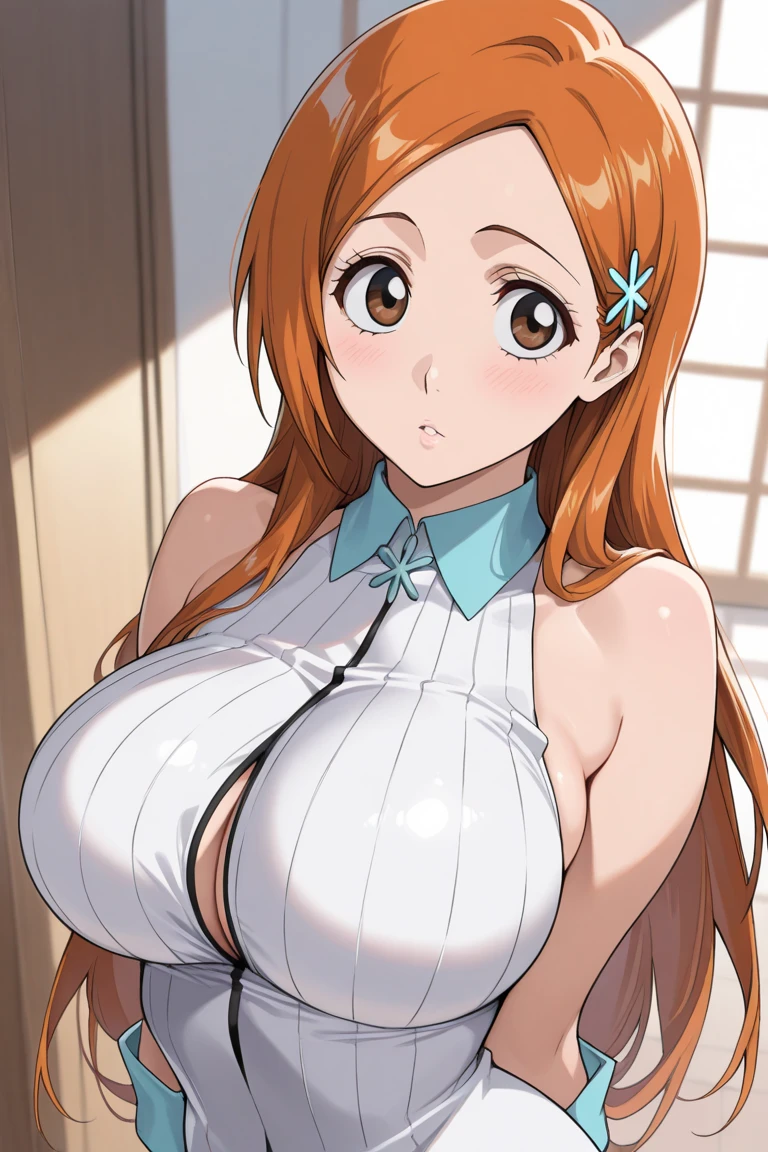 inoue orihime, brown hair, brown eyes, long hair, hairpin, hair ornament, (incredibly absurdres),
BREAK
huge breasts, nipples, open mouth, happy, blush cheeks, (underboob:1.3, shirt), no bra, stomach, short sleeves ,
BREAK
hetero, (hetero couple),(sex:1.5),(vaginal),spread legs,lying,on back,penis,cum in pussy, (focus on girl), nsfw,