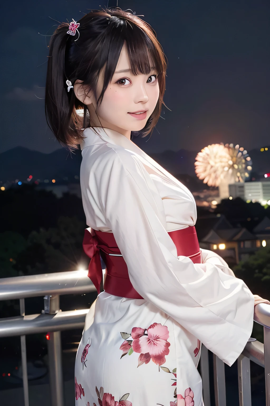 8k, raw photo, best quality, hires, realistic, photorealistic, extremely detailed 8k wallpaper, beautifully detailed eyes, finely detailed face,
 BREAK 
cinematic lighting, bokeh,
 BREAK 
perfectly anatomically correct:1.2,
5 beautiful thin fingers:1.0,
 BREAK 
[a nighttime cityscape showcasing Tokyo's skyline],
(in the background a vibrant burst of fireworks exploding in the sky),
dominated by the dazzling Tokyo Skytree tower illuminating in a gradient of gold to red hues, rising majestically against the dark sky,
(a graceful suspension bridge adorned with bright white lights below),
a subtle line of purple near the base spanning the water, reflecting shimmering gently in the waves,
[radiating shades of pink and white above the silhouetted urban structures],
high-rise buildings forming a dense cluster,
blending the architectural grandeur of Tokyo with the celebratory sparkle of fireworks,
the scene capturing a festive atmosphere,
[highlighting the city's vibrant spirit and dynamic energy],
 BREAK 
1 female, kawaii, cute natural anime face, very short pigtails,
japanese yukata style clothes:1.2,
(form-fitting yukata accentuating elegant curves and shapely large hips, tight obi belt emphasizing a defined silhouette),
brushing flowing hair by one palm highly up:1.2
symmetrical face line, stereoscopic projection of face,
symmetrical clear eyes, chocolate color eyes with captivating reflections,
gentle narrow eyes, wide-set eyes, [double eyelids], tareme, [reverse banana-shaped round eyes, moderate eye bags],
small face, round face, rounded jaw, [oval-shaped face, thin lips, small nose, [chiseled face], blush, embarrassed, healthy skin color],
carefree smile with open mouth,
looking back at viewer,
slightly leaning forward a body bended like a bow,
curvy thighs,
 BREAK 
(showcasing a graceful hip silhouette through the yukata, no skin exposure),
dynamic pose from behind, [three-quarter view],
soft saturation, soft contrast, feet out of frame