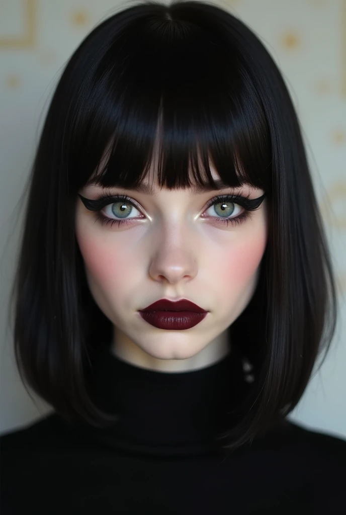 portrait photograph,  Realistic Portrait Photo Of Beautiful Model 25 Years Old With Dark Hair, ((gorgeous  face)), styled in a sleek bob cut that falls just above her shoulders, cute makeup, Brown Eyes, realistic, elegant, highly detailed, intricate, sharp focus, depth of field, 85mm, medium shot, (((professionally color graded))), sharp focus, full body 4k Resolution, Full Portrait,  full Makeup, Her bangs are neatly trimmed and frame her face perfectly, The woman's makeup is bold and dramatic, with black lipstick applied precisely to enhance the shape of her mouth. Her eyes are accentuated by thick eyeliner and long lashes, giving them an alluring intensity. The woman wears a white headdress adorned with intricate design