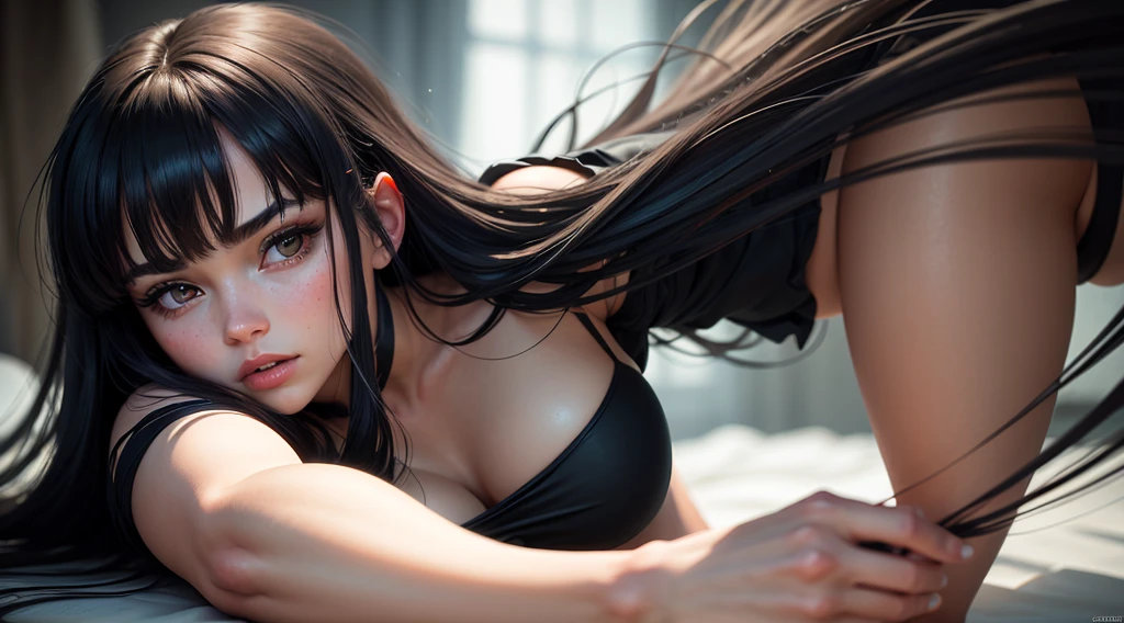 ((highest quality)), ((masterpiece)), (detailed), (Ultra HD、High resolution:1.3)、8k, (Cinema lighting)、(Realistic)、((cowboy shot))、Perfect Face、Detailed face、Detailed Eyes、(Long Hair、Black Hair、Bangs、straight)、Detailed hair、One cute girl、(Off-the-shoulder shirt、Gorgeous pattern)、Seductive lips、Cleavage、Fine skin、Lying down in the grass at night、