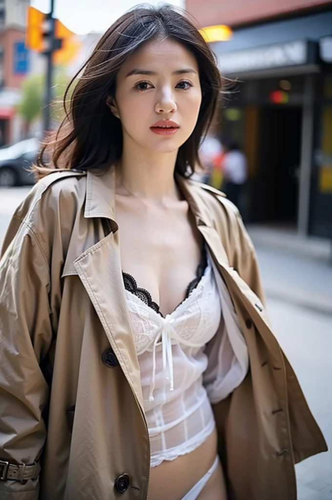 (black long hair:0.9),Upper body, （Extremely meticulous CG 8k wallpaper），（Extremely refined and beautiful），（Masterpiece），（best qualtiy:1.0），（Ultra High Resolution:1.0），beautiful light up，Perfect lightning，realistic shaded，[A high resolution],(Smooth and flawless fair skin:1.5),(shiny skin:1.5),Extremely exquisite facial details，ultra - detailed，A  girl，small head，Smile，cheerfulness,autumn,afternoon，Close Shot,(in park:1.5), clear sky, blue sky,trees with yellow leaves,Yellow leaves flying in the air,Many yellow leaves on the ground,Bright sunlight,Sitting upright on a stool next to a piano，(Playing piano with both hands:1.3)，enjoying a comfortable and intoxicated expression,small face,hair flying,(perfect body:1.1）,small breasts，flat chest，slim，thin，(red trench coat:1.5),(stockings:1.3),Slender legs,flowers,sideways