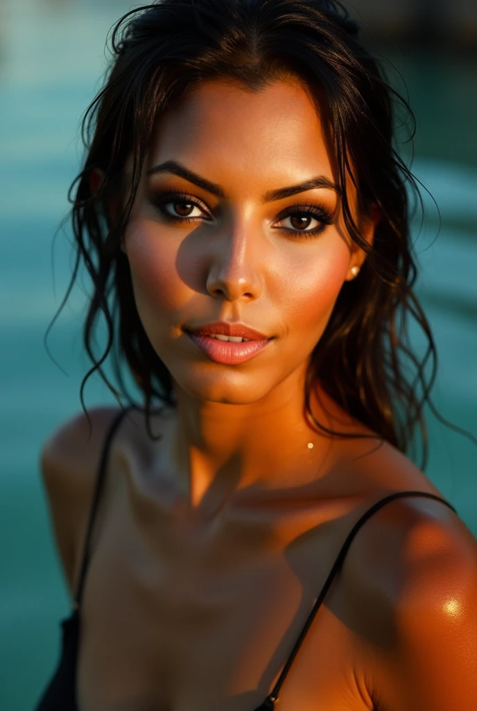 (best quality,4k,highres, highres face details), black long wavy hair, soaking wet, wearing a T-shirt, 18 years old, instagram model, 36DD breast, pretty face, dark makeup, fake lashes, natural lips, dark skin, she is skinny, athletic body, she is caucasian, golden hour, huge breast 36DD, posing, sexy, sensual vibes, whole body image, from head to toes
