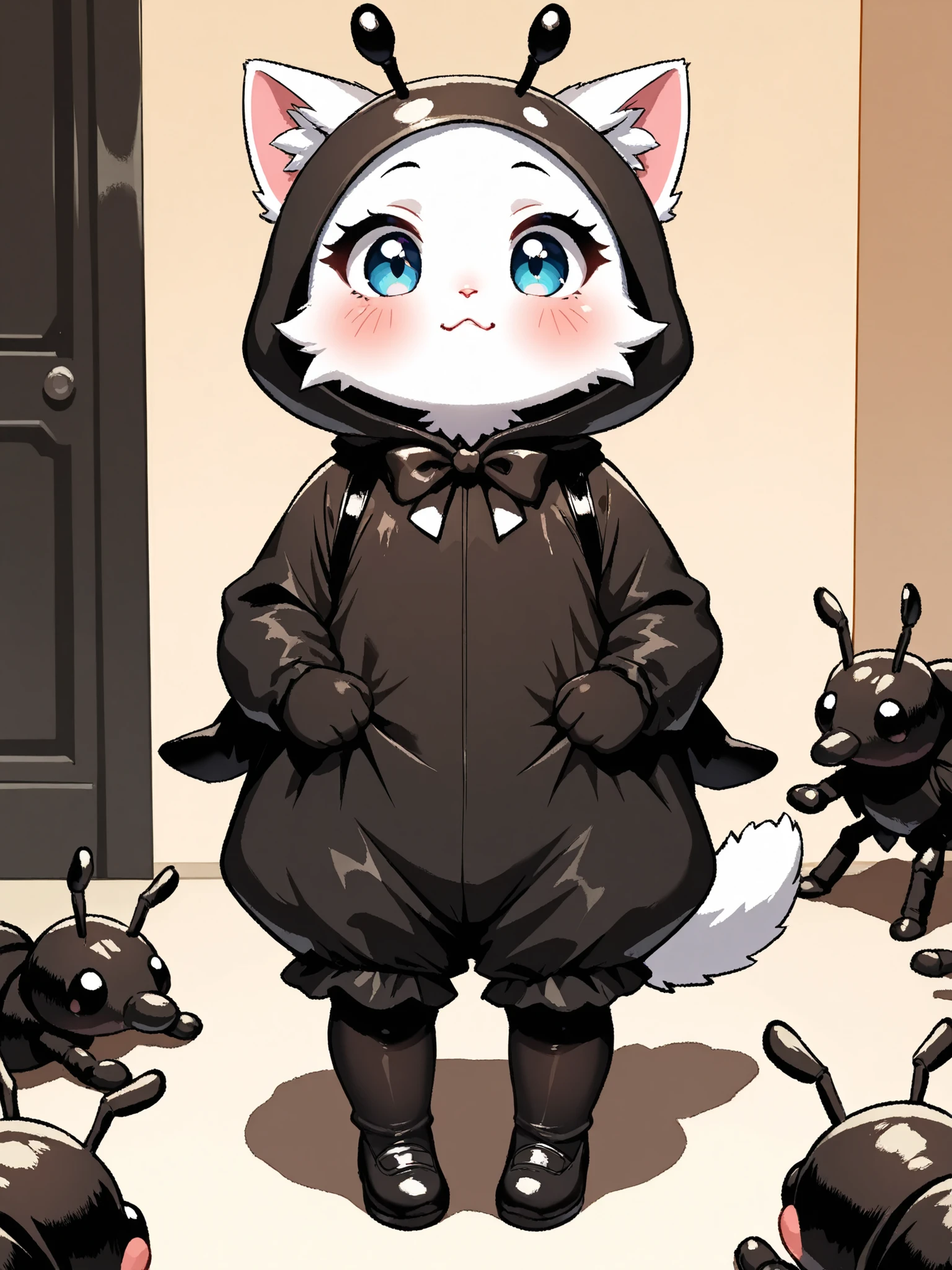 masterpiece, good quality, amazing quality, very aesthetic, anime, highres, absurdres, 16K resolution. | Kitten with fluffy white fur, wearing cute black ant costume, ((cute black ant costume):1.3), curious expression, standing at blocks of sugar. Miao_Kitten.