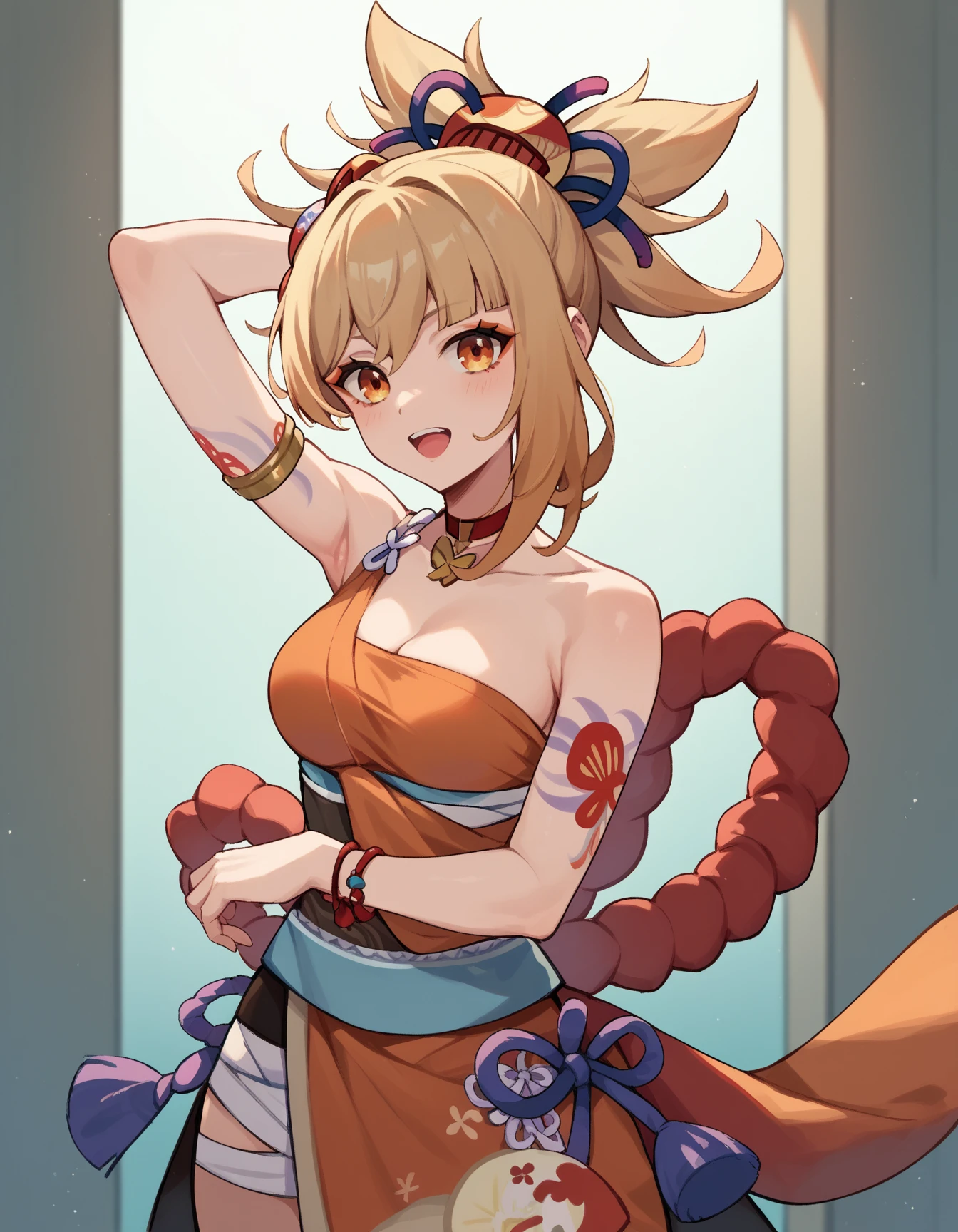 Super detailed,(Highest quality),((masterpiece)),(High resolution),original,One girl, Underarm, chest, alone, blush, Blonde, View your viewers, orange kimono, Raise the hand, kimono, kimono, chestの谷間, Arm tattoo, Sweat, Red choker, bandage, Put your arms behind your head, White Background, Simple Background, Hair between the eyes, bangs, chestのタトゥー, Yellow Eyes, Orange eyes, medium chest, Mouth closed, Underarmを見せる,nsfw,whole body,Nipples,sitting cross-legged,