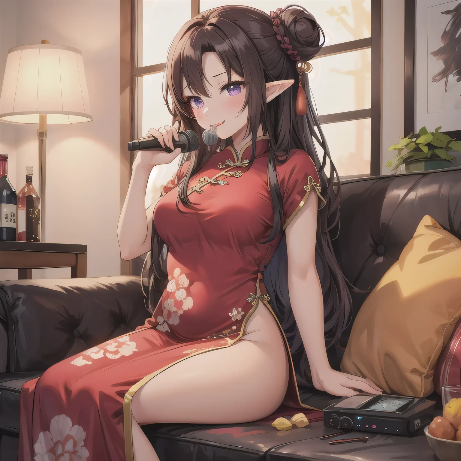 1girls, (masterpiece), best quality, perfect face, naked, nude, cat ears, kneeling, tatami, breast focus, red stockings, drinking tea, making tea, tea stove, table, bamboo forest, bamboo house, red cheeks, red lipstick, green earrings, brown hair, look at viewer, in dark, lotus in hair right side