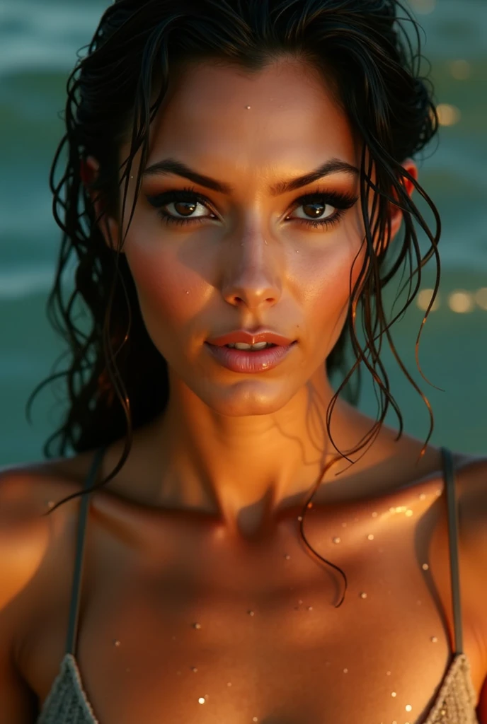 a sexy girl in a bikini on the beach, beautiful detailed eyes, beautiful detailed lips, extremely detailed face and body, hourglass figure, golden tan skin, long flowing hair, smiling, sensual pose, waves crashing in the background, golden sunset, warm lighting, photorealistic, (best quality,4k,8k,highres,masterpiece:1.2),ultra-detailed,(realistic,photorealistic,photo-realistic:1.37),vibrant colors,dynamic composition