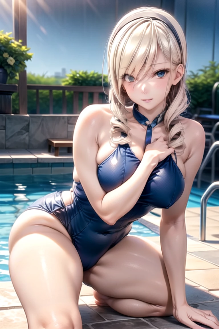 1 Male, 18 year old beautiful girlの見た目, Crossdresser, Futanari, Boy, Large crotch bulge, Silicone Skin, Perky Breasts, alone, Ultra HD, Beautiful face in every detail, (Sit on the ground with your hands back:), (Spread your legs as far as you can, Get down on one knee:), (Large Breasts), (Cleavage), Sunburned skin, smile, (Thin thighs:1.5),(tiny micro bikini swimsuit), Poolサイド, At night, (Green fine eyes), ((Perfect Anatomy:1.2,Realistic:1.3,Raw photo:1.3,masterpiece、Highest quality、Ultra - High resolution、High resolution、Extremely detailed CG、8K)),whole body,alone,18 year old beautiful girl, Japanese、((Beautiful and exquisite face and eyes:1.2,Big beautiful eyes:1.2)),Blonde,Very beautiful short hair,bangs,Medium chest, Visible nipples, Slender body,Small Head:1.5,skinny,(tan skin:1),(Oily skin,Glowing Skin,Shiny skin,Wet:1.5),(Navy blue leotard swimsuit、clavicle),Pool,Outdoor, Cute way to sit,Stretch your toes,Dynamic Angle, Cinematic Lighting、