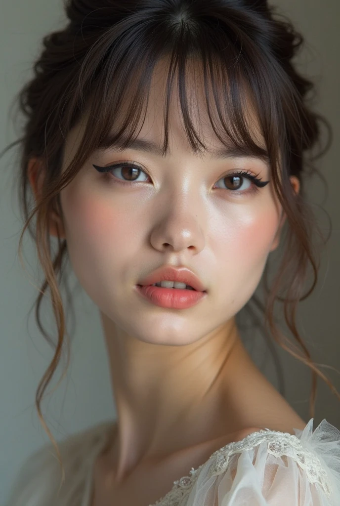 ((Bust up shot:1.6))、One woman、1 photo、((flat and small breasts:1.7))、((sensual look:1.8))、((ID photo:1.4))、((Apply beautiful makeup:1.7))、((A pale cherry-colored lip for moisturized lips:1.5))、((Naked Girls:1.5))、((No underwear:1.5))、Natural Shading、((Moist eyes:1.3))、(K-Pop Idols)、Serene and goddess-like beauty、((Slightly parted lips:1.3))、Natural Shading、((((Smooth brown hair in a ponytail:1.5))))、((Brown haired Japanese woman)))、(Yin and Yang Expressions:1.5)、masterpiece, Highest quality, 8k, High-definition image quality, (Upper body:1.4), Beautiful girls, Beautiful face, Looking at the audience, Surreal, High resolution, Sharp focus, High resolution, フェイスLight, Dynamic Lighting, Light, Professional Shadow, Simple Background, (Dull grey background:1.4), Highest detail, Very detailed, Ultra-detailed, In detail, Real Skin, Delicate facial features, Detailed face and eyes, Sharp pupils、live action idol