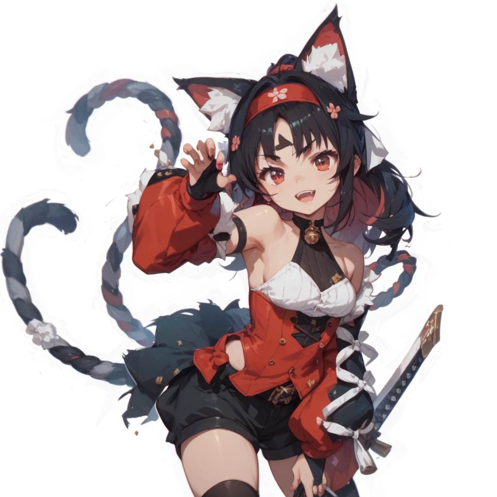 <lora:Neoki-PonyXL-1024px:0.9>
score_5_up, score_6_up,
1girl, solo, fighting pose, detached sleeves, smirk , from side, looking at viewer, cat_ears, simple background