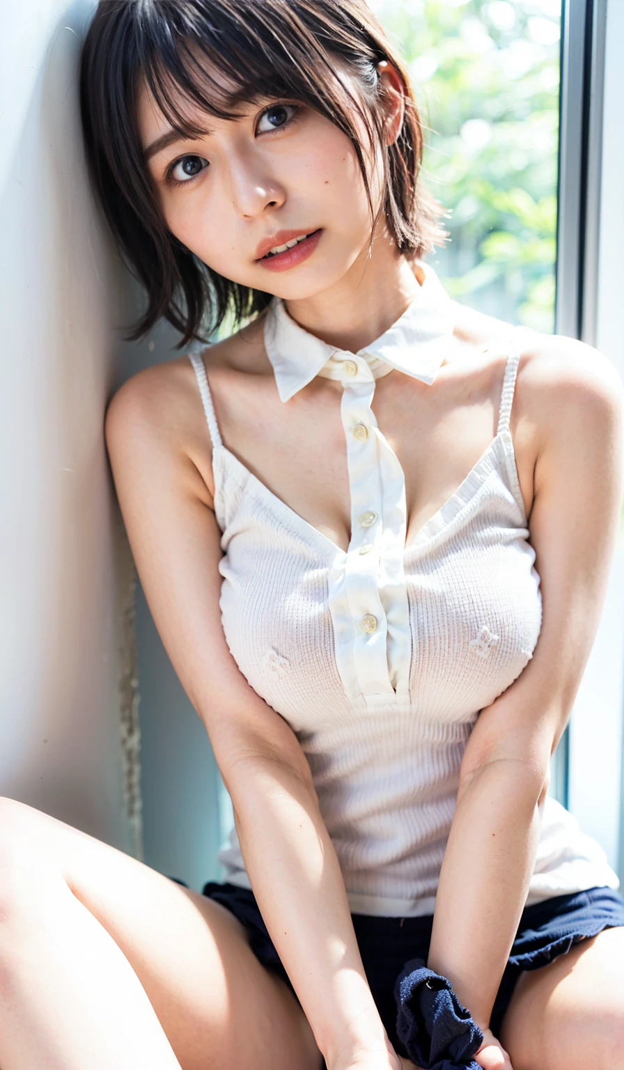 (Looking at the camera,looking at the camera),bent over:1,bent over:1,((The skin is wet from sweat)),Cleavage,Inside the house,entrance,Wearing a shirt,Looking down,Troubled face、Skirt Lift、Lift your skirt with your hands,woman, 20-year-old, Short Hair、bangs、(Plain tight skirt),(White lace panties)、Cute earrings