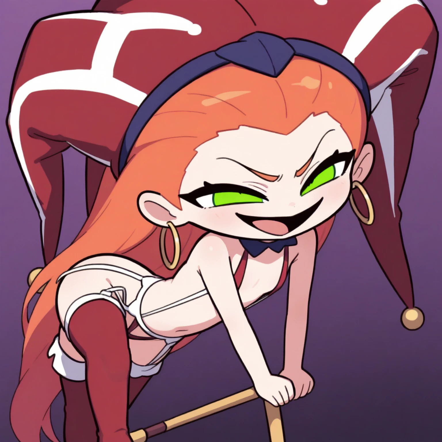(Highest quality,4K,8k,High resolution,masterpiece:1.2),(Midnight Amusement Park),((Horror taste))、A clown looking up at the sky alone.、Sad expression、((Full body portrait))、He's holding a bloodstained knife.、Anime-style illustrations、Very revealing and open clothing 、Underwear is visible