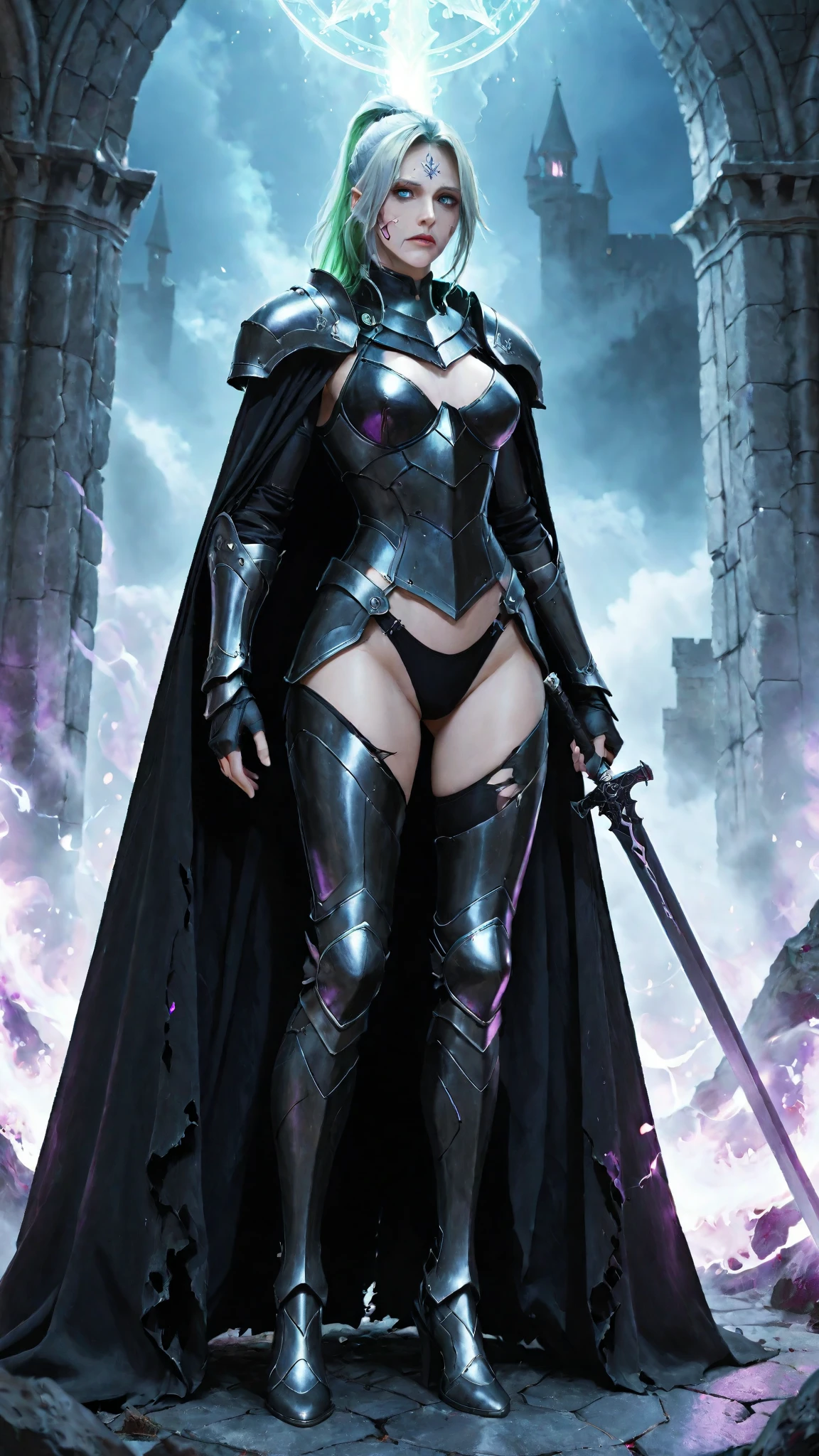 A strong, determined, compassionate, haunted, conflicted, resourceful, justice-seeking, full of redemption, reckless and guilty female Paladin/Warlock (Hexadin) named Seraphina, also known as "Sera". She is of the variant human race and has an imposing stature, standing at 5’8” tall and weighing 145 lbs. Her long, dark brown hair is often braided, suggesting a sense of discipline and order amidst chaos. Her eyes are intense and deep blue, holding a hint of sadness and resolve which tells a tale of her haunted past and inner conflict. Her skin is fair, with a hint of olive undertones.
She is dressed in dark silver chainmail armor that reflects her dual paths - the light of her Paladin path and the darkness of her Warlock pact. It should be a combination of traditional paladin armor, symbolizing her commitment to justice and order, while also incorporating elements that hint at her Warlock pact, such as purple arcane symbols or darker, more ominous details.
In one hand, she wields a longsword that pulses purple and black with malevolent energy - a visual representation of her pact with a shadowy entity. In her other hand, she carries a shield, symbolizing her Paladin oath and her determination to protect the innocent.
The background should be a stark contrast between two worlds - on one side, depict the twisted, haunted ruins of a fallen city, a reminder of her past and the covert mission that led to her pact. On the other, show the radiant warmth of a Silver Flame, representing her faith and the hope she holds for redemption. The line between the two should be blurred, symbolizing her constant struggle to maintain balance between light and darkness.