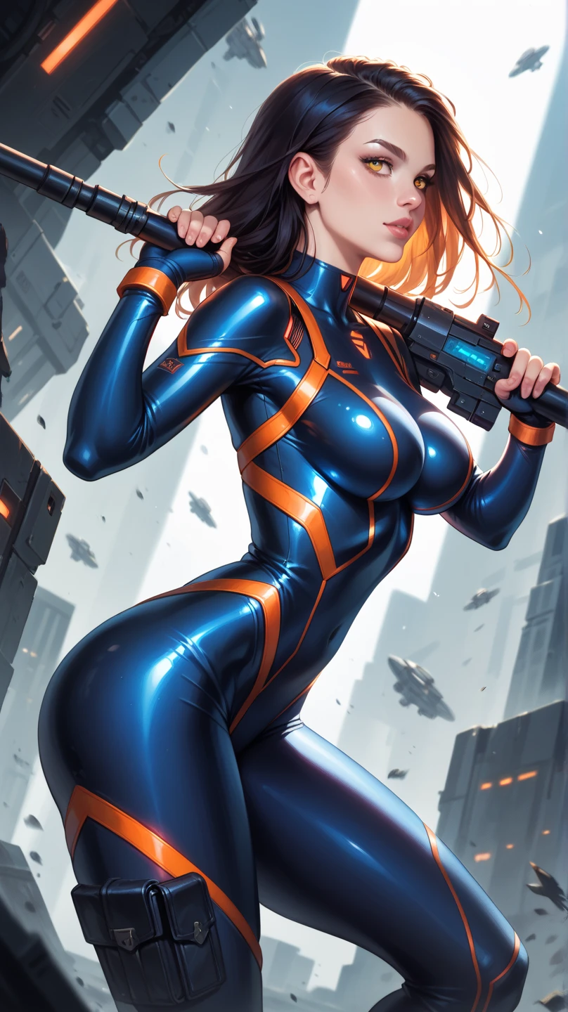 1 girl, fit the body, Mass Effect Costumes, High resolution, Very sharp face and eyes, 8K, sensual look, Hands are not visible, full body, Miranda Lawson, long hair, Wet and in the rain,(Lie:1.3)