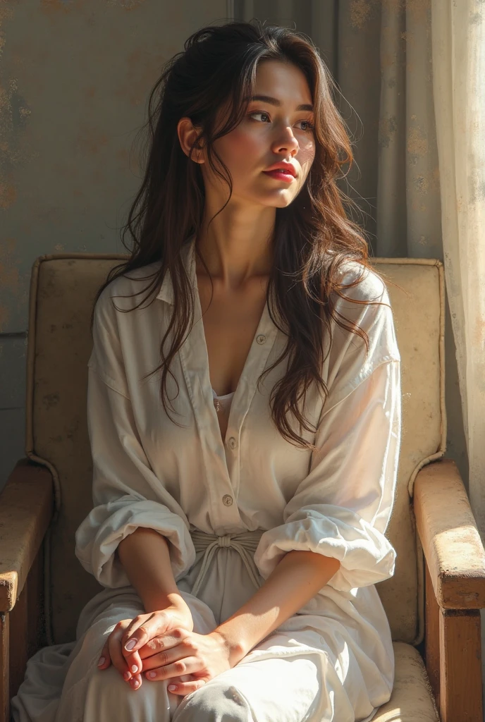 The girl is sleeping on the film, she has long hair and she is very young and beautiful