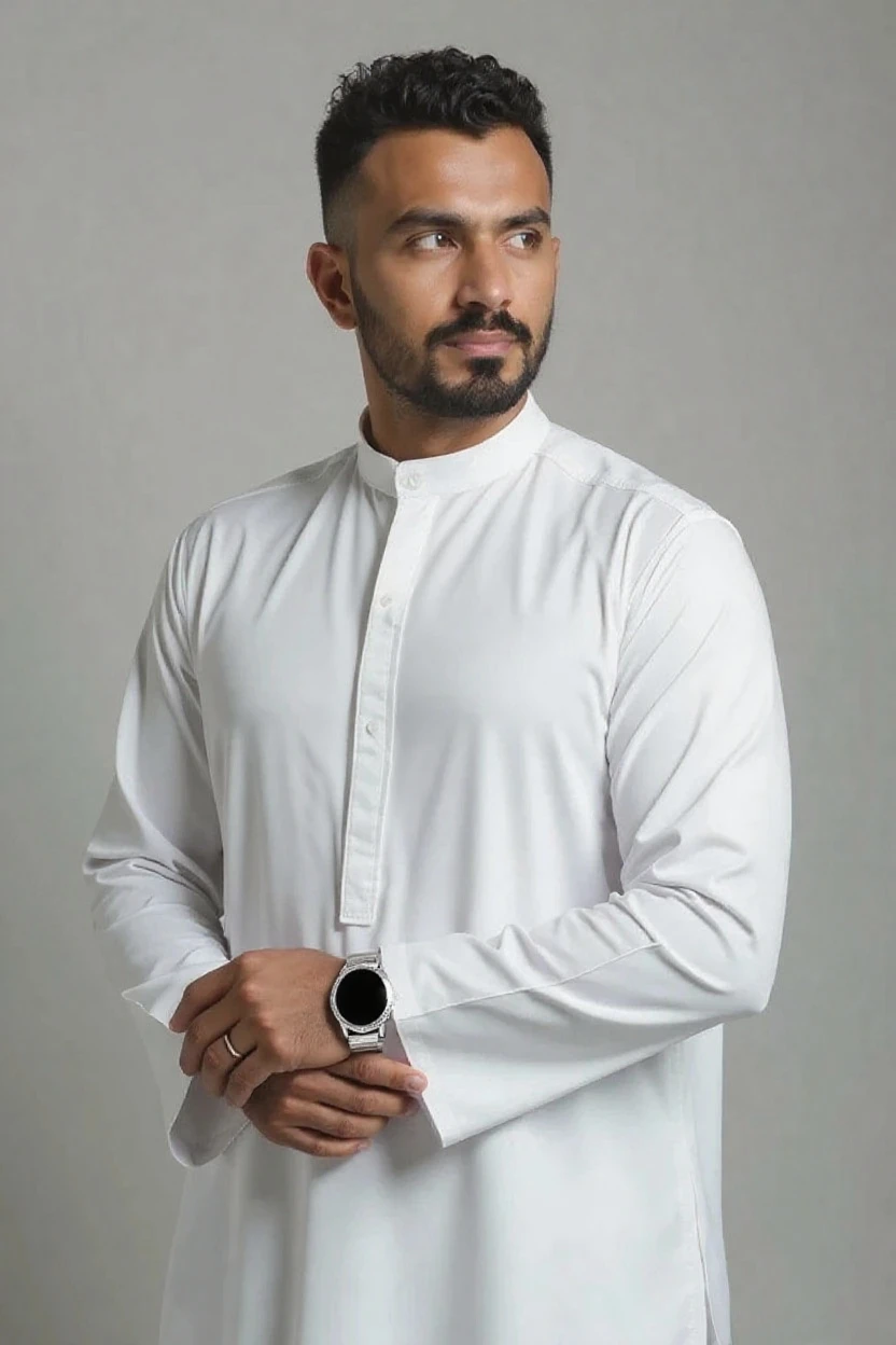 The man, wearing white Muslim clothes, wearing a black songkok, wearing a sarong, was explaining something