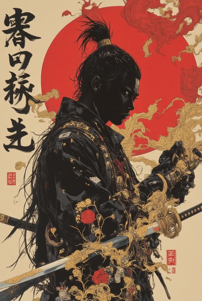 horror theme, klimt composition,  Japanese edo period theme, neo tokyo, cyberpunk, engineer, high technology, connected slaves, corrupted politicians, yakuzas, cyborg samourai in action pose with traditionnal haircut, traditionnal outfits, wired slaves, traditionnal japanese edo patterns embroideries,  adorned with elementals edo magics,  Junji Ito graphics, sketch, graphic novels, complexe city background, sketch, Kawanabe KyMsai, flat design