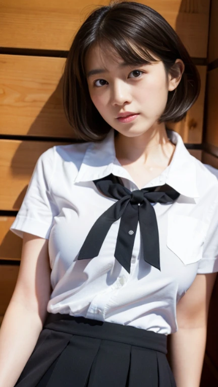 Korean 、summer  shirt、Tight shirt、Ribbon Ties、skirt by the、schools、stairs at school、chest lifting pose、Emphasis on the chest、Slender and large、8K raw photos、A high resolution、18-year-old Korean、embarrassing looking、very large round breasts、Beautiful eyes finely detailed、long eyelasher、beautiful double eyelid、eye shadows、eyeline、slender eyes、Elongated eye shape、Sanpaku eyes、beautiful and thin legs、Beautiful slender thighs、Random Shorthair、Tie your hair behind your head、耳Nipple Ring、Light brown hair、(Wear pantyhose)、Hold your knees，short hair,  fishnet stocking 
