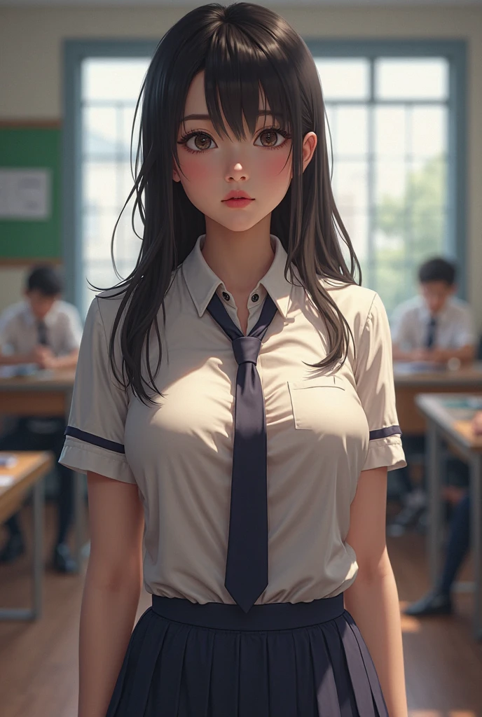 (Tabletop: 1.3), (Maximum resolution: 1.2), (Ultra HD TV: 1.2), Cinematic light, Ultra HD TV, (Fine grain and skin), (Detailed facial features), Hmph, 8K resolution, Sharp focus: 1.2, Perfect Style, Beautiful Face, Acura, Anatomically correct, Highly detailed face and skin texture, Fine grain, Brown eyes, double eyelid, Thin eyebrows, Glitter Eyeliner: 1.2, Natural Cheeks, Shiny skin, Fair skin: 1.2, Shiny little necklace and earrings, (Glossy Lips: 1.4),
View from a first-person perspective, High Cut , (Embarrassing:1.2), (blush:1.2), Pure and cute girl, (High ponytail, Wavy Hair, Light brown hair, Diagonal bangs), Medium Long Hair,
break
(Full Body Shot: 1.2), (From below:1.3), (Focus on the legs), ((Very close relationship: 1.2)), (Medium large breasts:1.1), ((Sit on a school chair with your legs closed)), ((A pose with her skirt slightly lifted up, showing off a little panties:1.2)),
(((In the classroom: 1.2)), (Looking up at the viewer:1.2)), ((Many other students' backgrounds:1.4)),