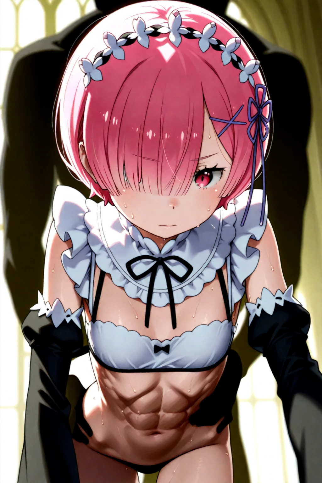 (((Pixel perfect, Perfect details))), alone, 1 girl,  Memory, Roswaal mansion maid uniform, Maid tiara, looking at the audience, Keep your mouth shut，(Skirt lift:1.3), (thongs:1.1), (((small naked breasts with nipples))), ((beautiful breasts and vagina)), ((perfect vagina and breasts)),