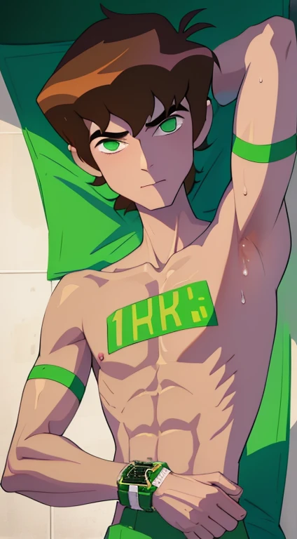 A boy with short fluffy light brown hair with light green eyes with freckles and long eyelashes Buko no hero academia style In underwear 