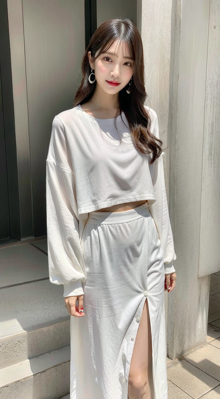 17 year old anime character with short messy hair, Brown eyes, the right side lighter than the left, thin lips and a dull mark on the cheek, fairly thin neck and clothing that consists of a fairly large and loose long sleeve as well as a white skirt that reaches to her thighs., with white shoes, asian factions