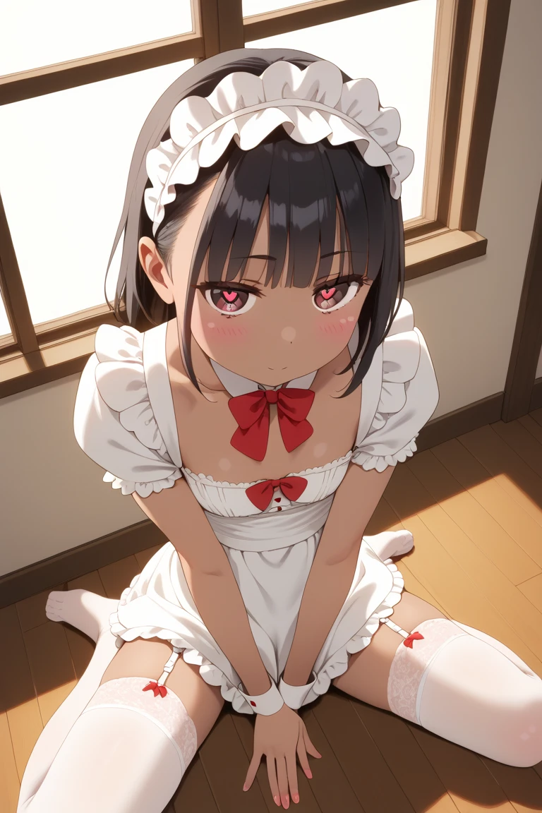 Man, short hair, sitting, bound with a rope, sacred, legs spread, naked body, embarrassed expression, flushed cheeks, sweat, mouth slightly open, dildo inserted in the butt, penis visible, cute, wearing a white frilly headdress wearing a white nightgown 