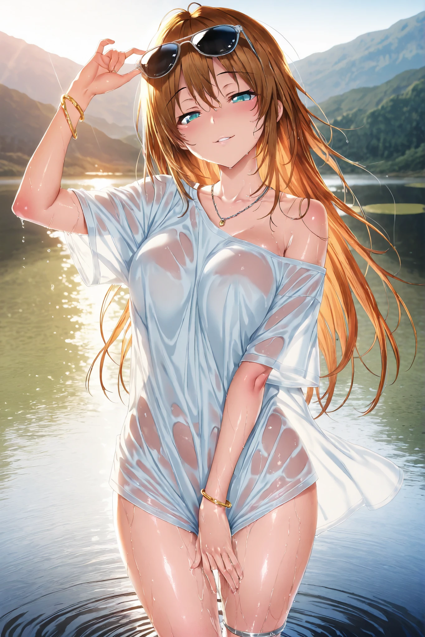 Exquisite (slim (skinny)) Girl 16 years old (with a perfect, very beautiful gentle face and almond-shaped eyes) (with a southern skin tone and soft lips) (with red hair) (with freckles) (costs (waist-deep in water)) ((nude)) with tender (small beautiful breasts) (with soft pink nipples) (Barefoot) In the middle of a big river (((in a white open shirt)) on the naked body); ((Sunset Evening Amber Light)), ((caramel soft warm shades)); (Warm summer late evening), ((Warm sunset light)); draw ((in watercolor style)); ((very beautiful exquisite face)); (High image quality, High detail), ((discreet faded shades, pale expressionless colors, imitation of film photography, diffused soft light)); ((big alien eyes), skinny); ((delicate shades)), (sfumato)