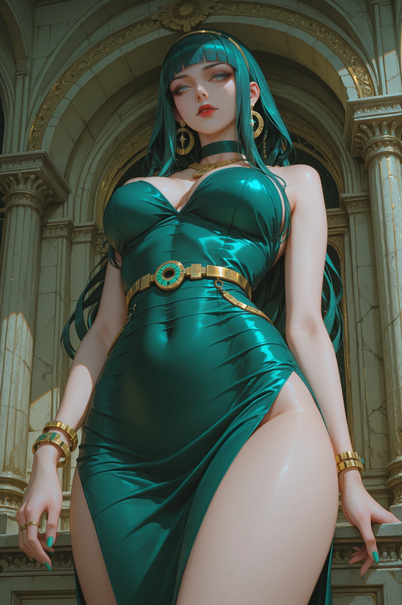 Tall stature, long, wavy green hair.  Bright and expressive light blue eyes.  Slim and athletic silhouette.  She was wearing an elegant green dress, big boobs,  big ass, big hip.  Full body. Background garden in the night. Dark lights