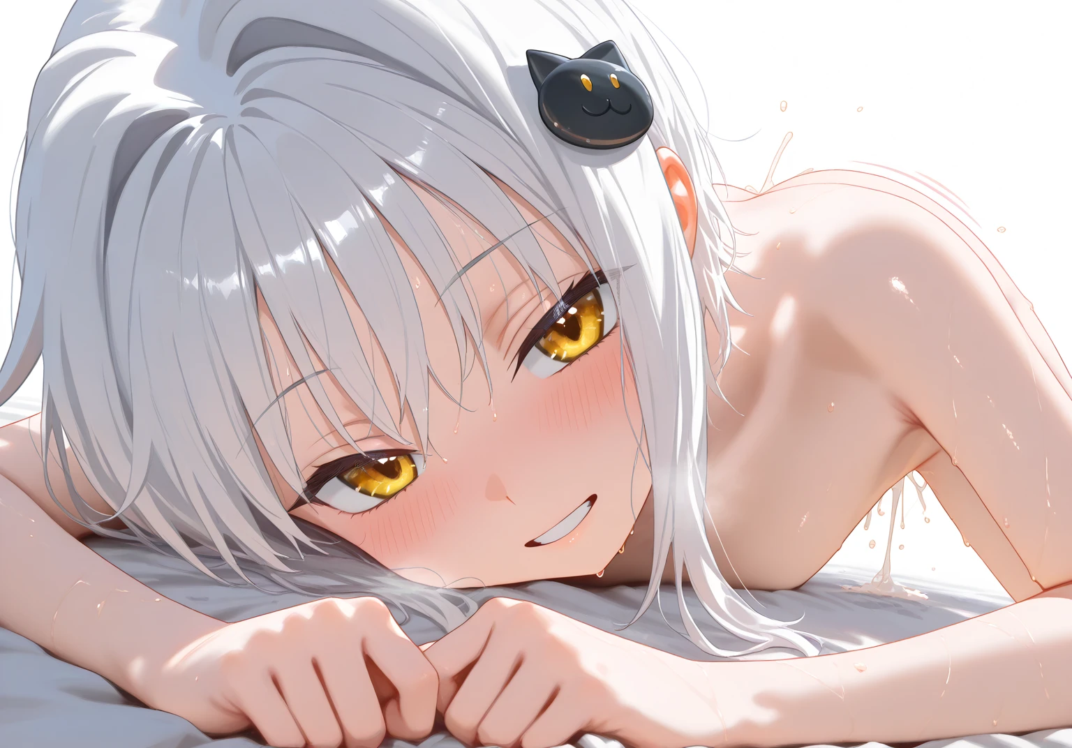 Koneko tojou, front view, cat girl, white hair, yellow eyes, cute expression, whiskers, all fours, cat pose, looking at viewer, paws pose, completely nude, nsfw, small breasts, highres, ultra-detailed, horny, femal fluids, (best quality,4k,highres,masterpiece),subdued colors, vivid colors, professional lighting, detailed lips, detailed eyes.