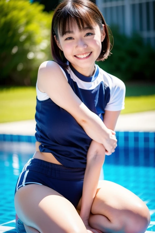 masterpiece, Highest quality, High resolution, Kitagawa Marine, One girl, Blonde, Long Hair, Multicolored Hair, Red eyes, jewelry, Earrings, Earrings, , White shirt, tie shirt, Black Choker, Blue tie, Checked skirt, Grin, smile, Are standing, Cowboy Shot, Outdoor(4K,masterpiece,Highest quality,Super detailed),Front shot,(At the school pool),(alone),(Japanese women full page),((30 years old)),short hair,Brown Hair,(Beautifully detailed face,Beautiful attention to detail,Detailed skin,Beautiful Hips),軽いsmile,shy,Slender body,Large Breasts,(Wet one piece school swimsuit),(Lean forward,Stick your butt out),dorsal position,(Accentuate your body lines),sukumizu,