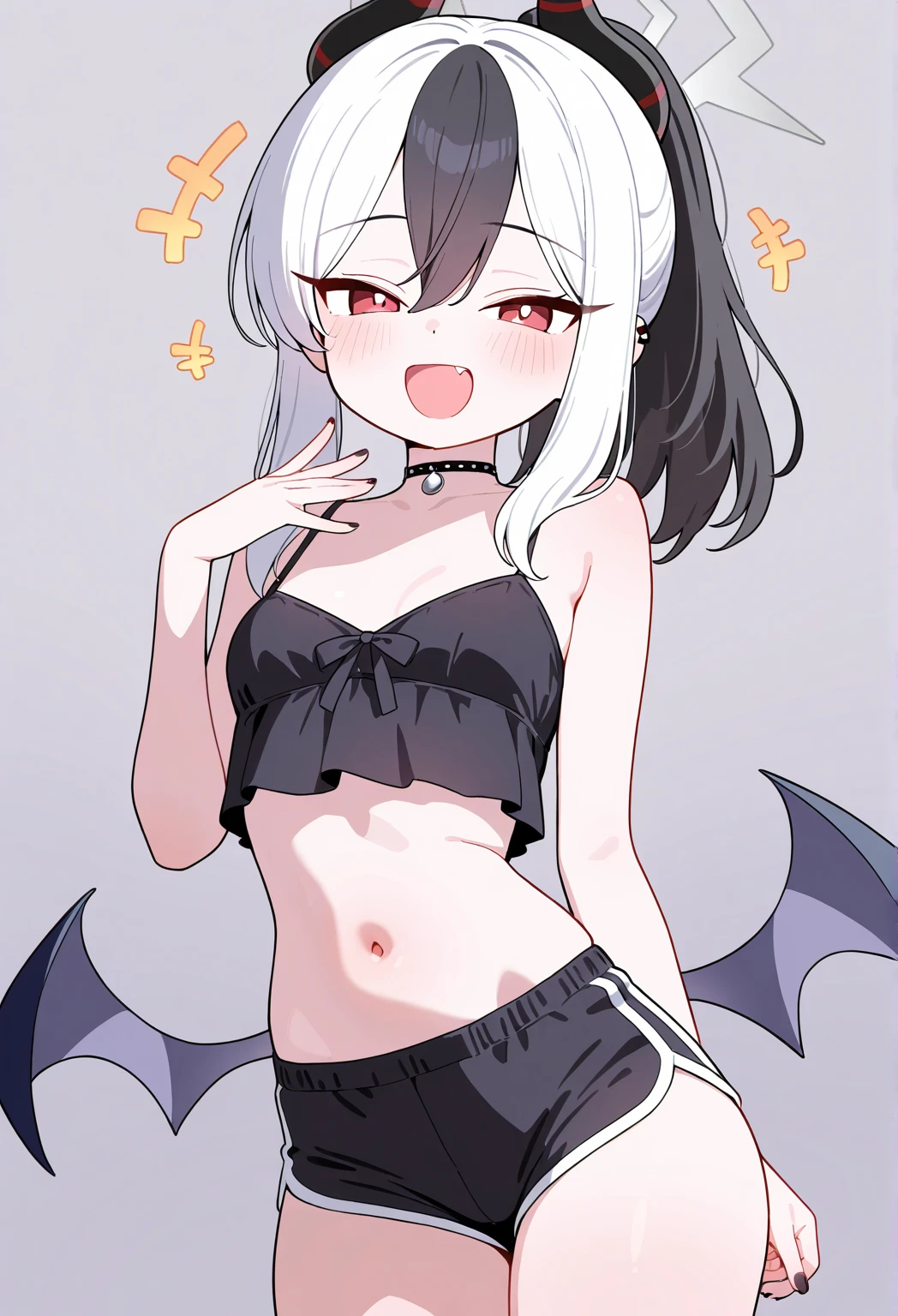 kayokoonikata, kayoko onikata, black hair, demon horns, hair between eyes, halo, horns, long hair, low wings, mole, mole on collarbone, multicolored hair, ponytail, (red eyes:1.5), single wing, two-tone hair, white hair, wings, black ponytail,
BREAK white sports bra, black mate leggings, high waisted pants, midriff, medium breasts
dynamic pose, contrapposto, solo, looking at viewer, (cowboy shot:1.5), closed mouth, masterpiece, best quality, serious, angry
BREAK (masterpiece:1.2), best quality, high resolution, unity 8k wallpaper, (illustration:0.8), (beautiful detailed eyes:1.6), extremely detailed face, perfect lighting, extremely detailed CG, (perfect hands, perfect anatomy), angry eyes, solo, white background, assertive