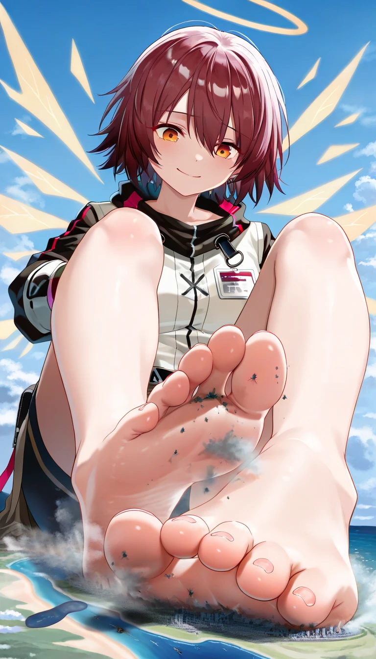 score_9,score_8_above,score_7_above,1 girl,mud rock (arknights),dirty,pies,gloves,hull,horns,sunes,Red eyes,barefoot,pointy ears,old,suno,wide,by white,black gloves,toes,hull de seguridad,Foot focus,looking at the viewer,session,sweat,Chapped lips,dirty pies,tenure,outdoor,sky,hits,oripathy lesion (arknights),day,SMILE,blush,demon horns,infection monitor (arknights),foreshortening,sun,