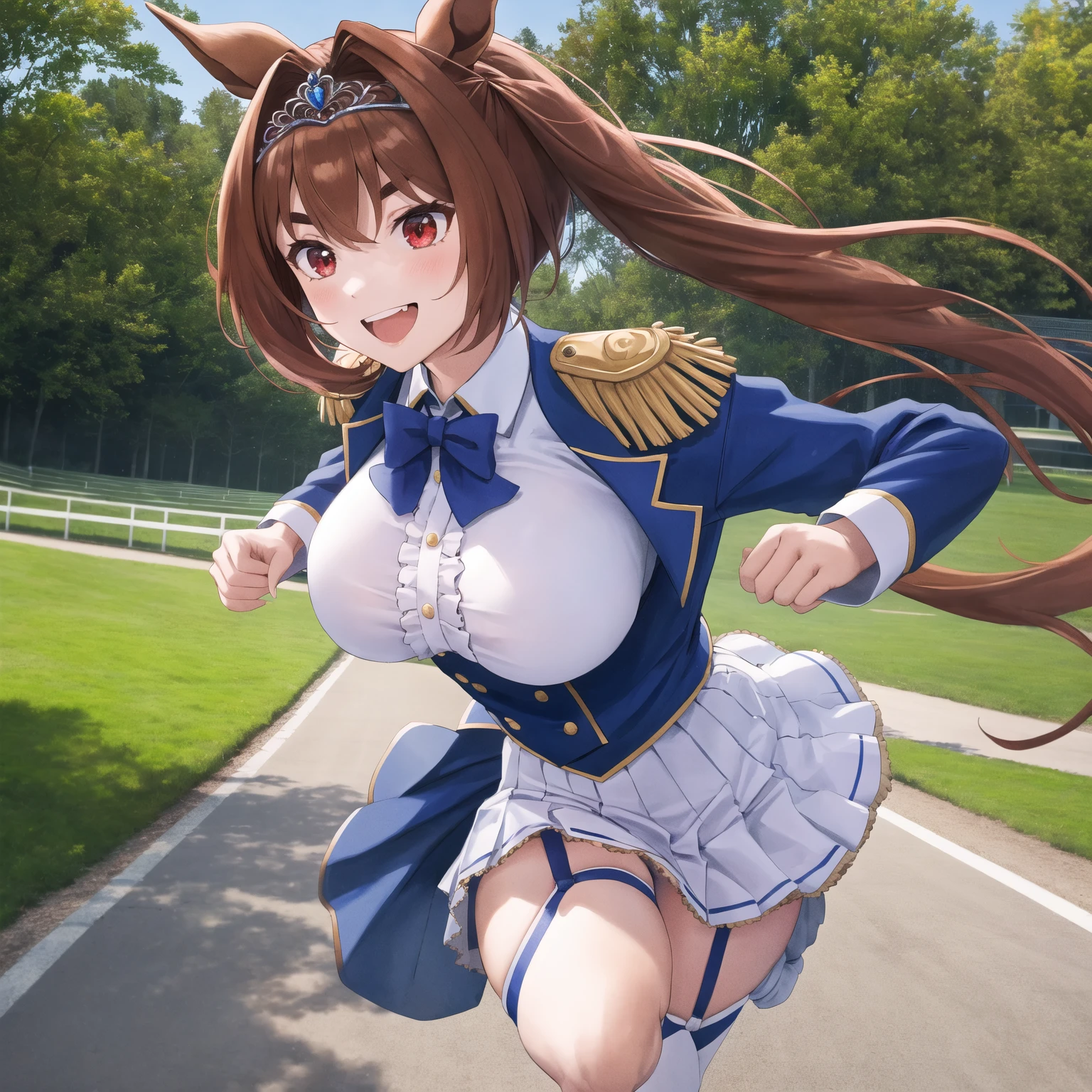 Silence Suzuka、Horse Girl、Best image quality、High resolution、masterpiece、super high quality、Arena、Run、颯爽とRun、Sweaty、Very short pleated skirt、Heavy breathing、blush、4k quality、Black Pantyhose、Voluptuous thighs