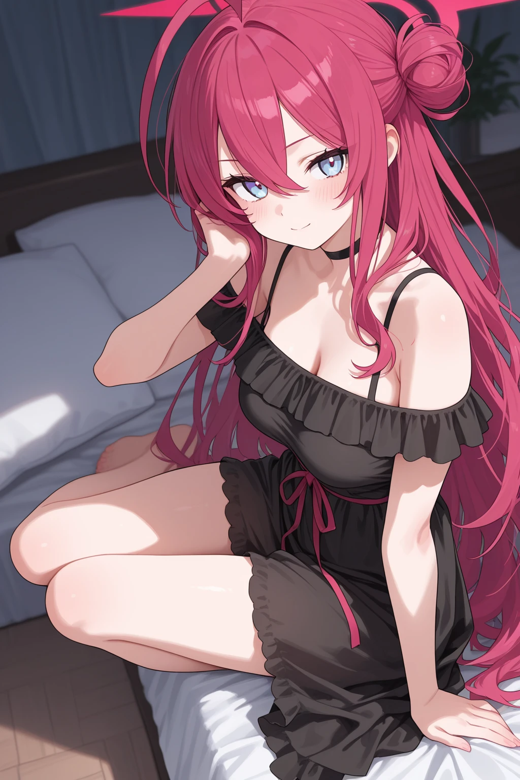 ((best quality)), ((masterpiece)), (detailed), perfect face, perfect budy, 1girl, red long hair, cyan eyes, purple camisole, ((see-through)), ((frilly camisole)), off shoulder, ((see-through)), ((frilly babydoll)), the girl lying on the bed, Seeing the girl from the front, bed background