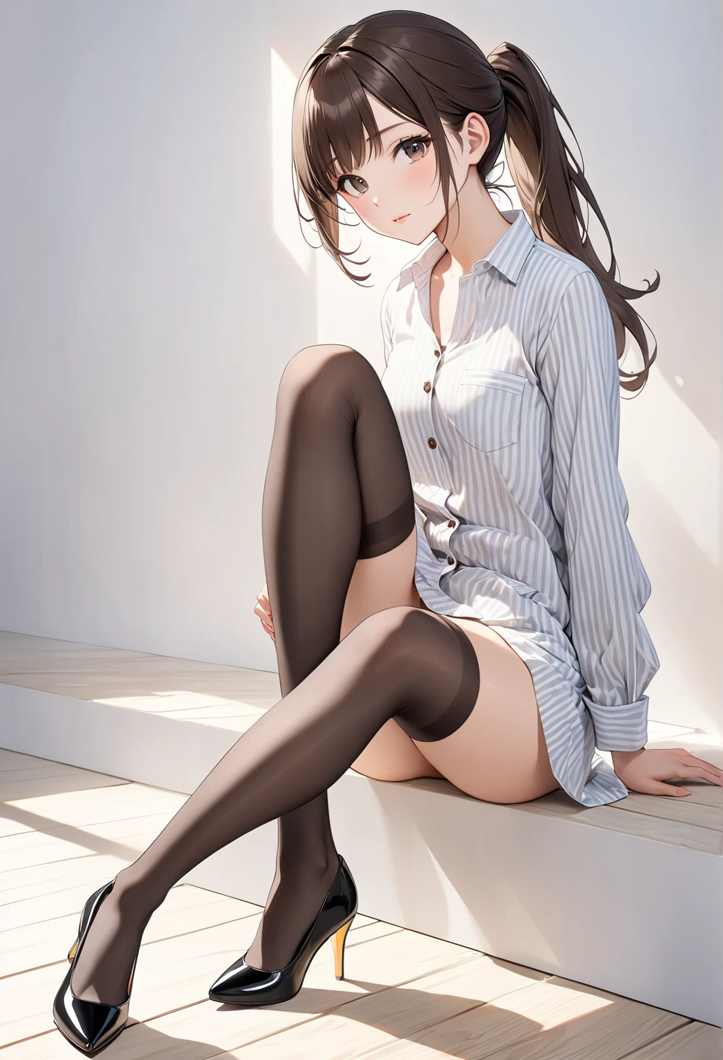 Highest quality, masterpiece, High resolution, (Head to Toe full body), front, frontやや下からの構図, Symmetric, Tall 18 year old girl, alone, (Head to Toe), (Small breasts), disheveled brown hair, bangs, (black tights), (Black Pantyhose), (Sit with your legs apart), (Crouching pose), (A composition showing white panties), (She has her legs spread and her white panties are visible.), (Sit on the floor with your legs spread), (M-shaped foot), Thin legs, とても美しくTall 18 year old girl, (No shoes), blush, Shy big eyes, Looking into the camera, Blazer Uniform, Checkered Pleated Skirt、Madoka Higuchi
