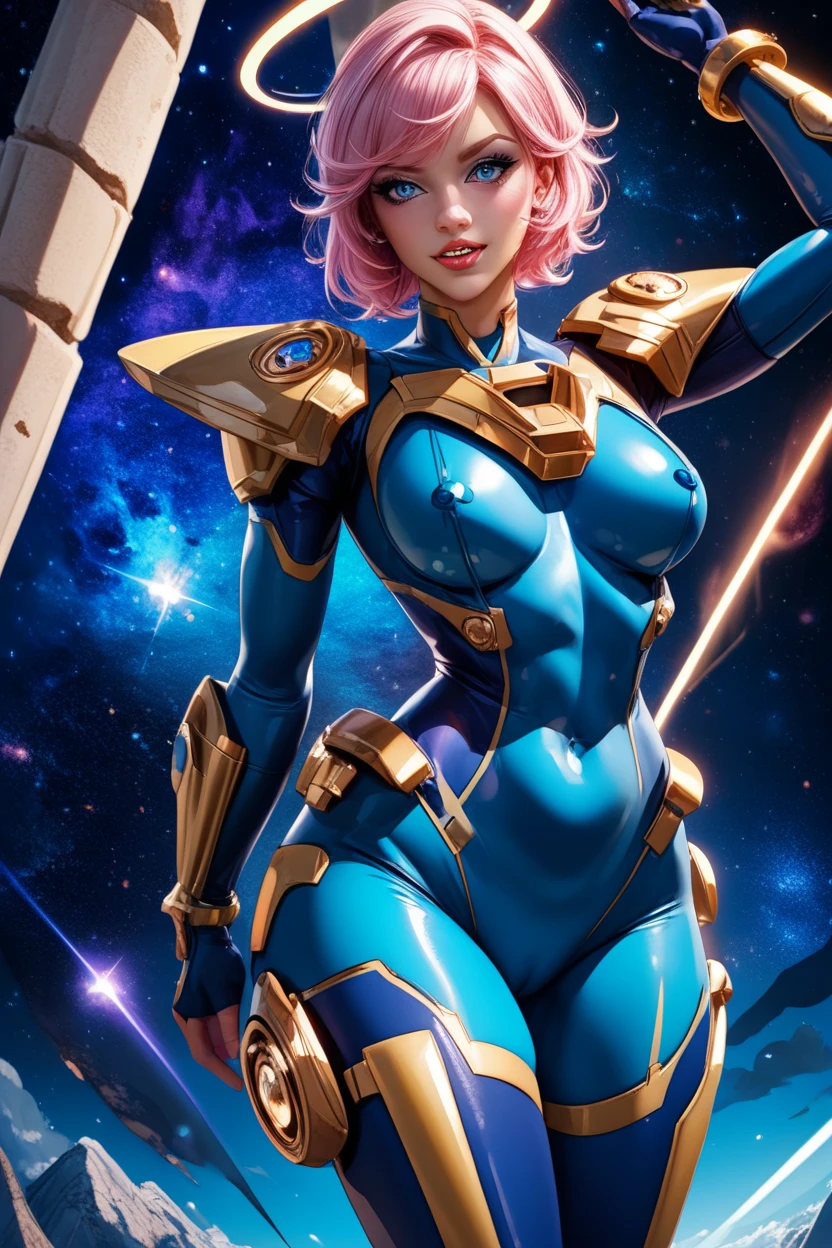 A young female centaur. sci-fi setting. large cleavage. Very pale skin with freckles. thick lips. white-hair. thin eyebrows. long neck. smirking. seductive. . Wearing a futuristic black bra. armor, cosmic, planets space. vibrant, (red) masterpiece highres high quality high saturation