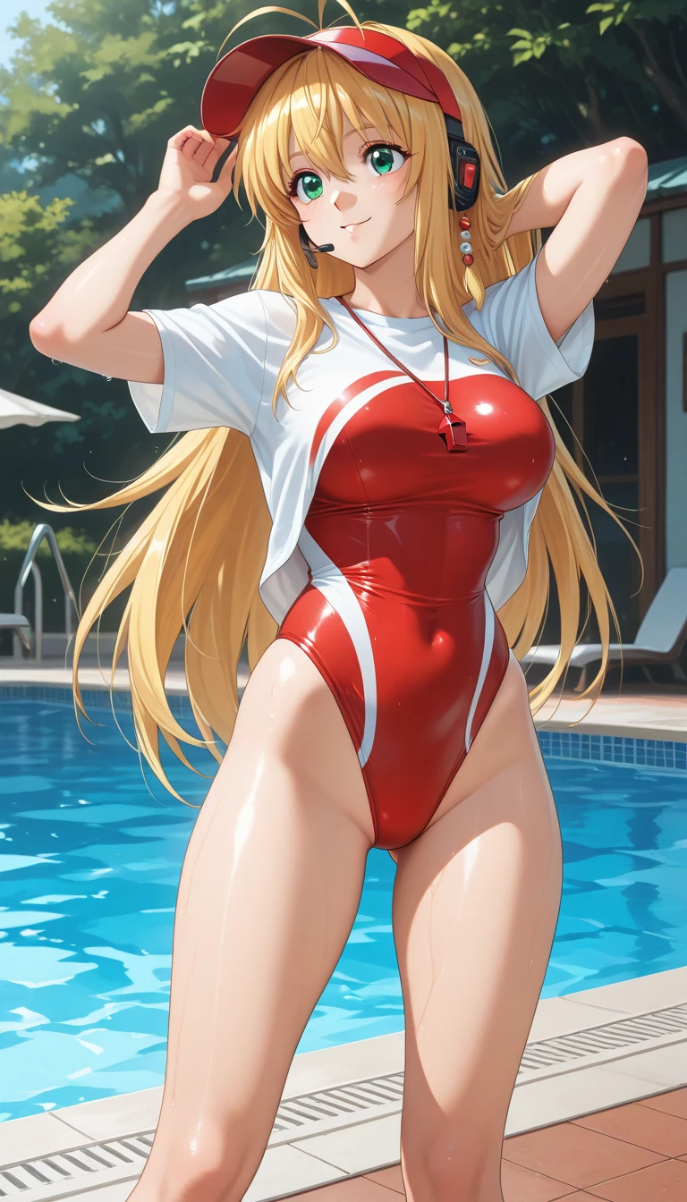 1girl, <lora:l1f3gu4rd:0.2> l1f3gu4rd, beach, lifeguard, (red one-piece swimsuit), <lora:partially_underwater_shot_v0.2:1> partially submerged, blonde, masterpiece, best quality, ((very detailed face)), adult, AS-Adult