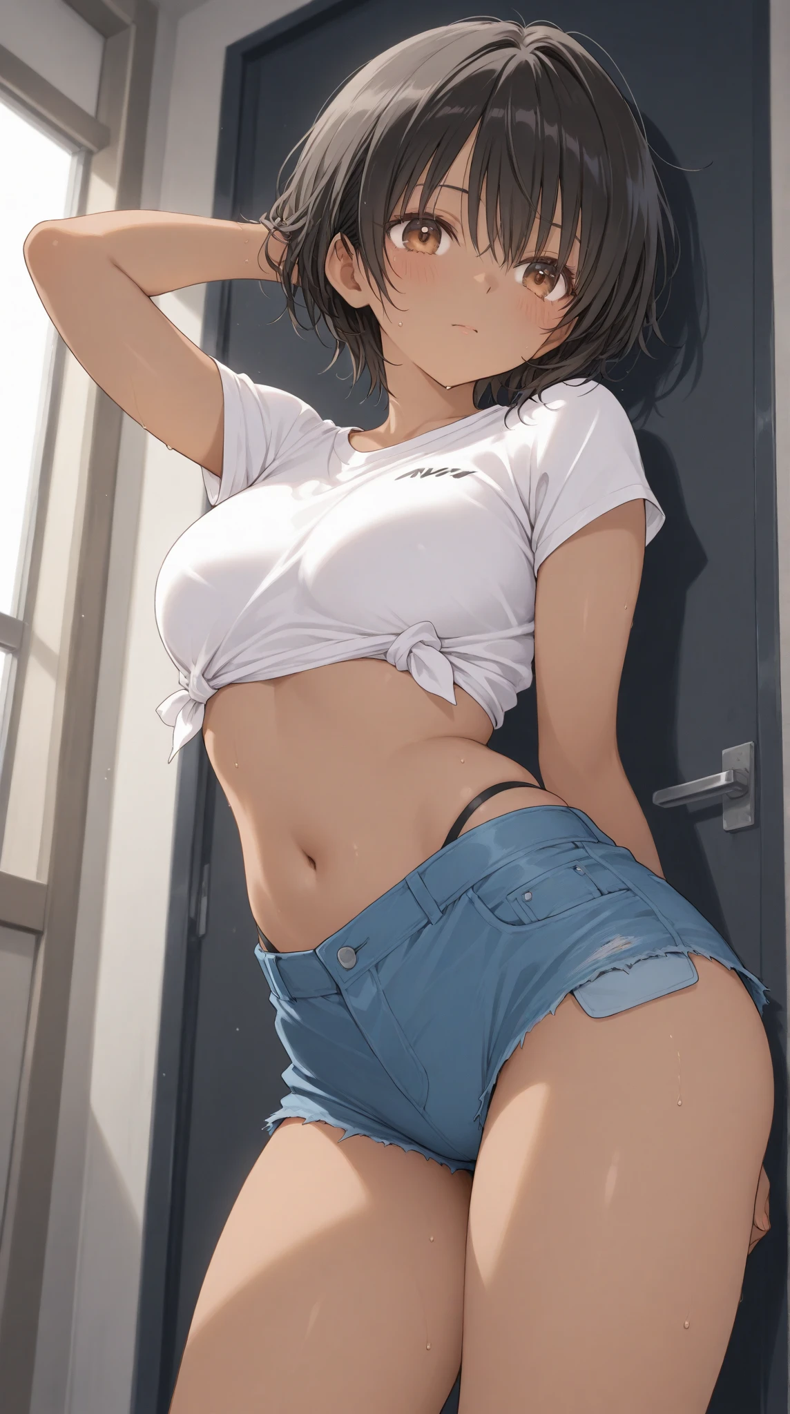 score_9, score_8_up, score_7_up, source_anime, , shorts down, panties down, looking at viewer, front view, uncensored