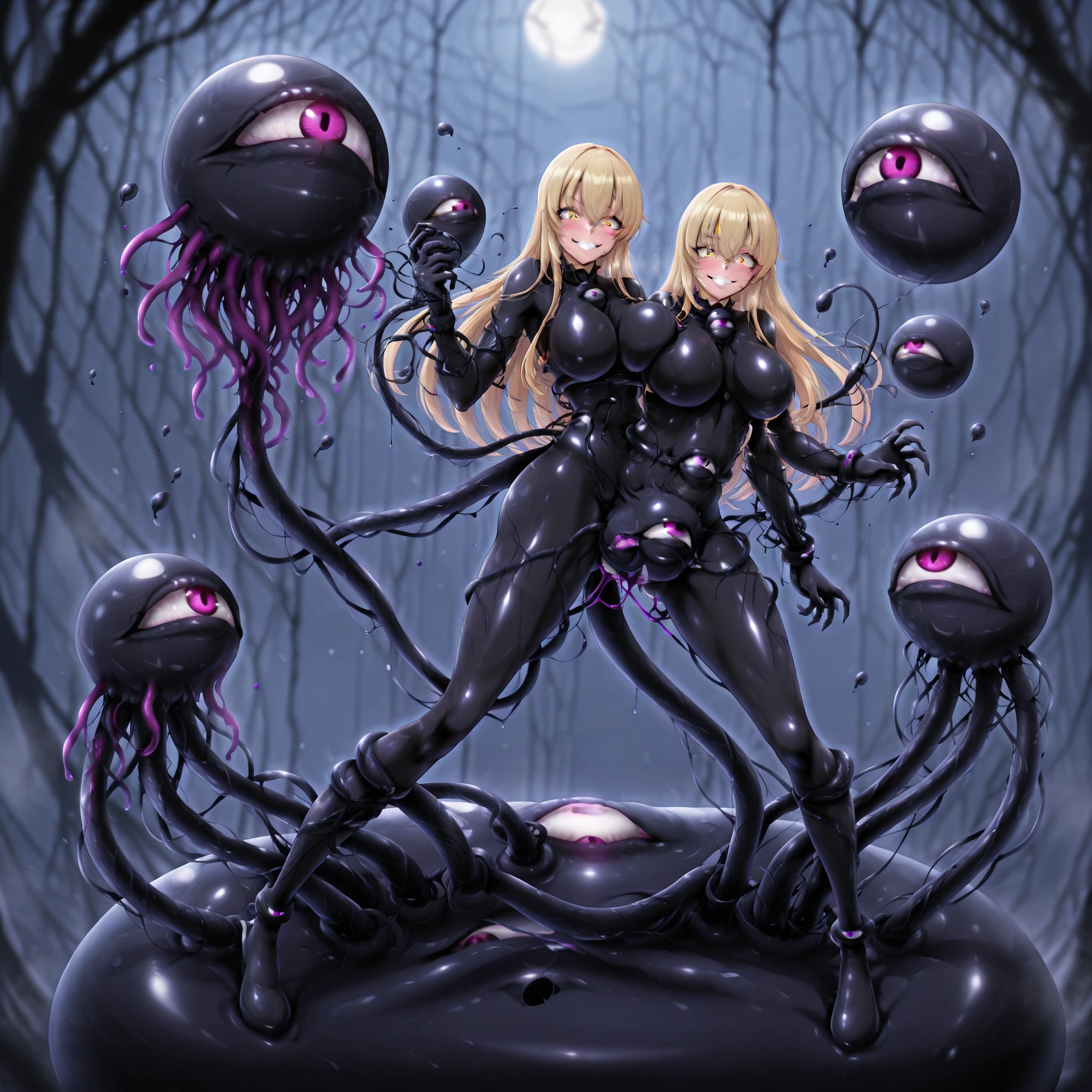 Super detailed, Very detailed,masterpiece,(Highest quality),(Super detailed),(Very delicate and beautiful),((erotic)),Completely naked, Two people kissing, Cheeking thick tentacles, Bound by thick tentacles, ((Angle from the front)),M-shaped legs, ((Thick tentacles inserted into vagina and ass)), Beautiful girl with straight silver hair,Red Eye ,Ecstatic expression, Sticking out tongue, , (((Black Tentacle Seedbed))), Thick tentacle in mouth,Tentacles sticking into ears,
