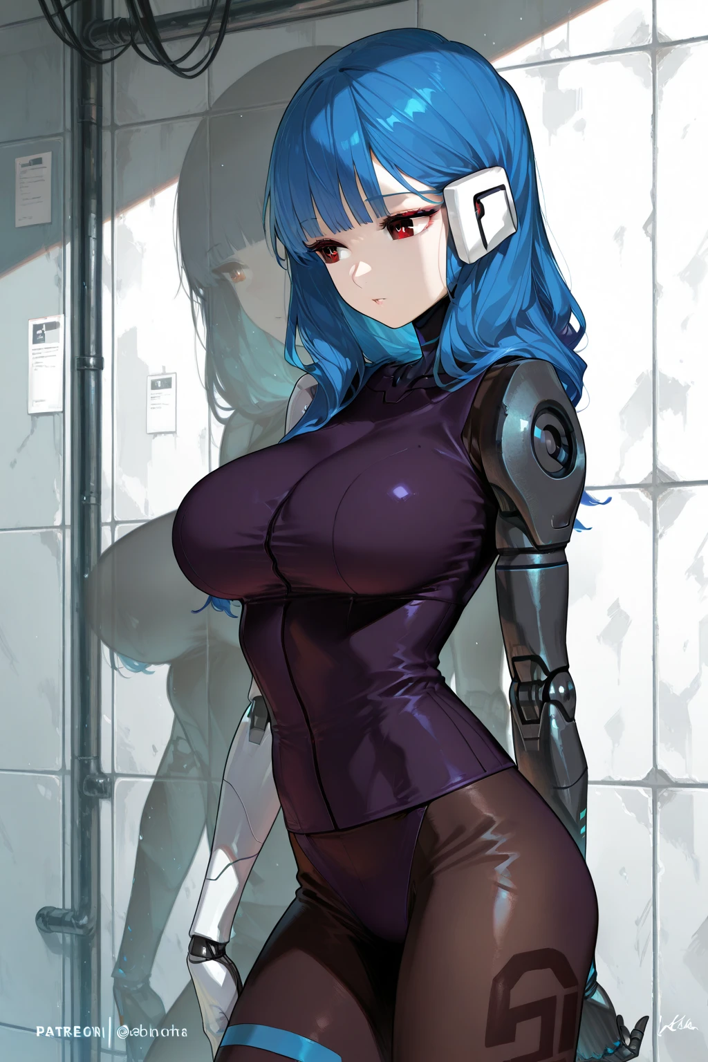 (masterpiece, best quality, detailed), 1girl, solo, ookubo_kumi, brown eyes, blue hair, drill hair, hair ribbon, ponytail, looking at viewer,
<lora:StealthTech:1>, stealthtech, cutting edge, scifi, bodysuit, shoulder armor, interface headset, sleek angular, indoors, office, desk, office chair, crossed arms, breast hold, arms under breasts, parted lips