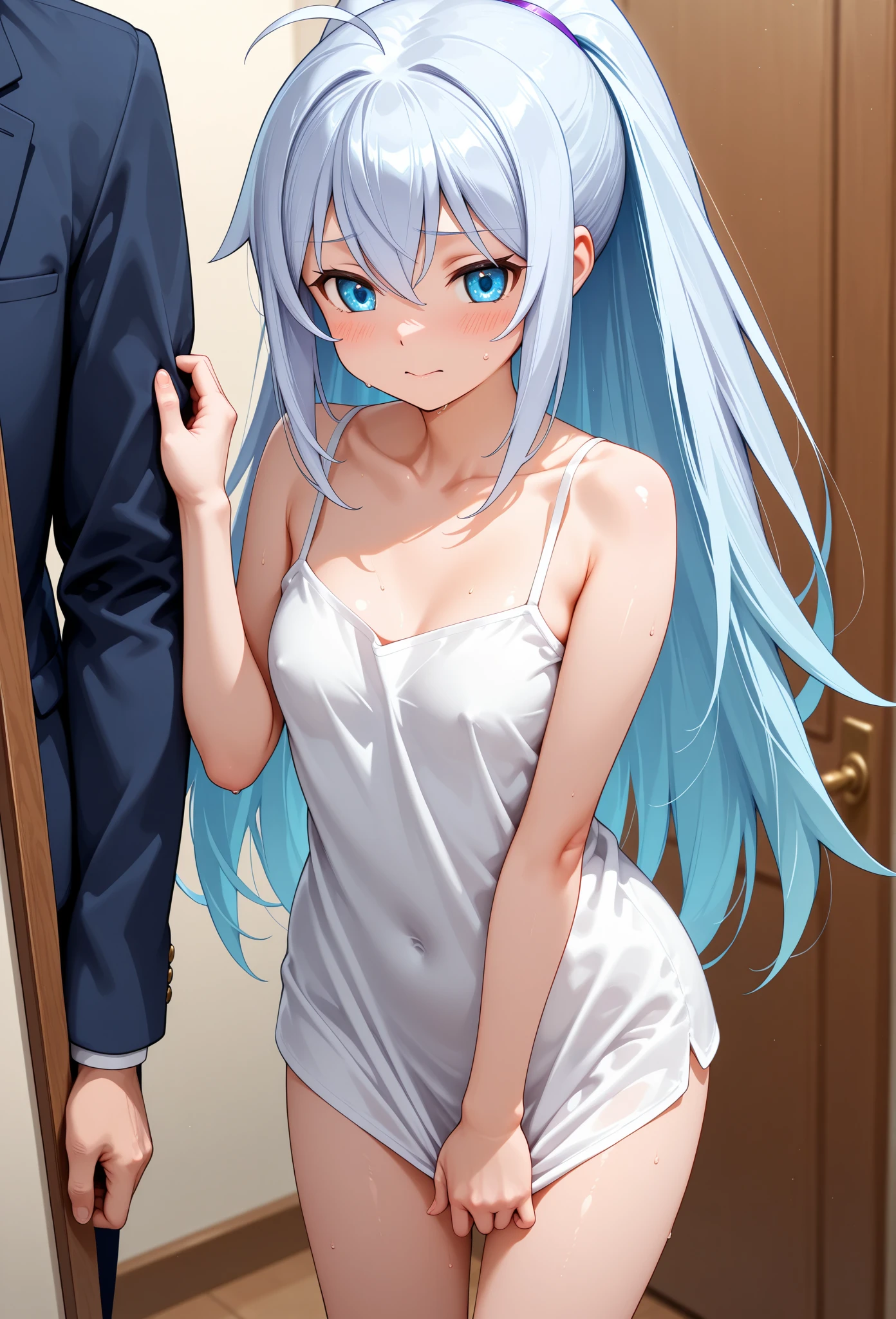 1 girl, best quality, ultra high res, long hair, blue hair, blue eyes, shigure kira, looking at viewers, small breast, standing, pov, slim body, loli body, small body, short body, smile, open mouth, bra, white bra, black bike shorts, bedroom, white bed sheets,